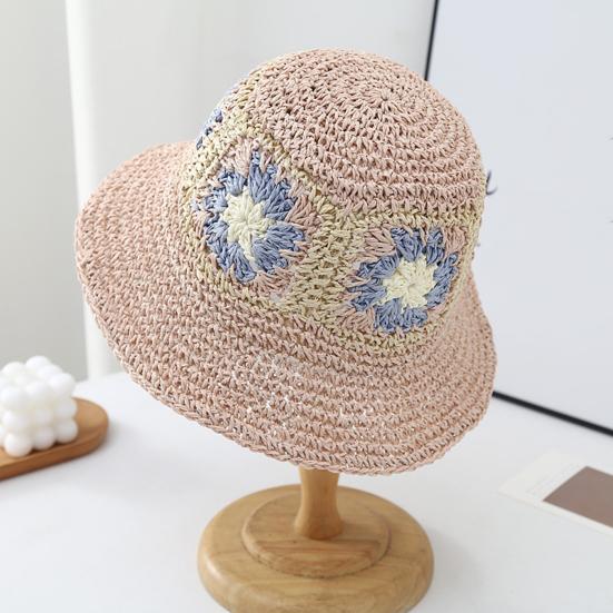 Straw Hat Bohemian Floral Pattern Foldable Beach Hat Wide Brim Hollow Design Bucket Hat Breathable Summer Accessory