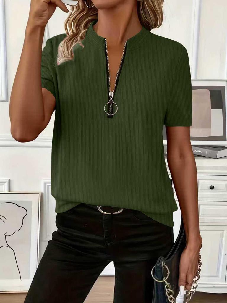2025 European Women's Ribbed Knit Zipper Sleeve T-shirt - Solid Color, Spring/Summer Collection