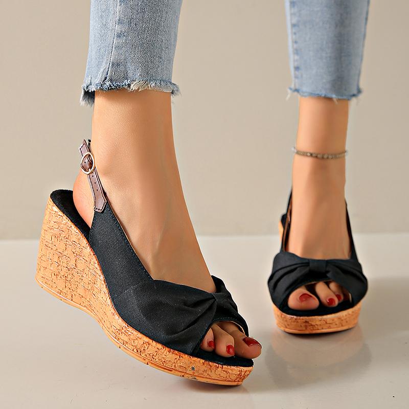 Bowknot Wedge High Heeled Sandals for Women Plus Size Back Buckle Strap Summer Sandals Woman Casual Peep Toe Platform Sandles