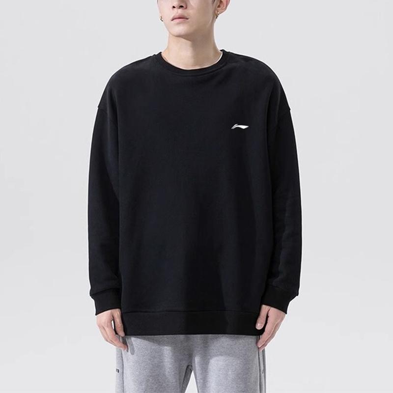 LiNing Solid Color Brand Logo Loose Casual Pullover Round Neck Sweatshirt Men sweatshirt Black AWDTC73-1