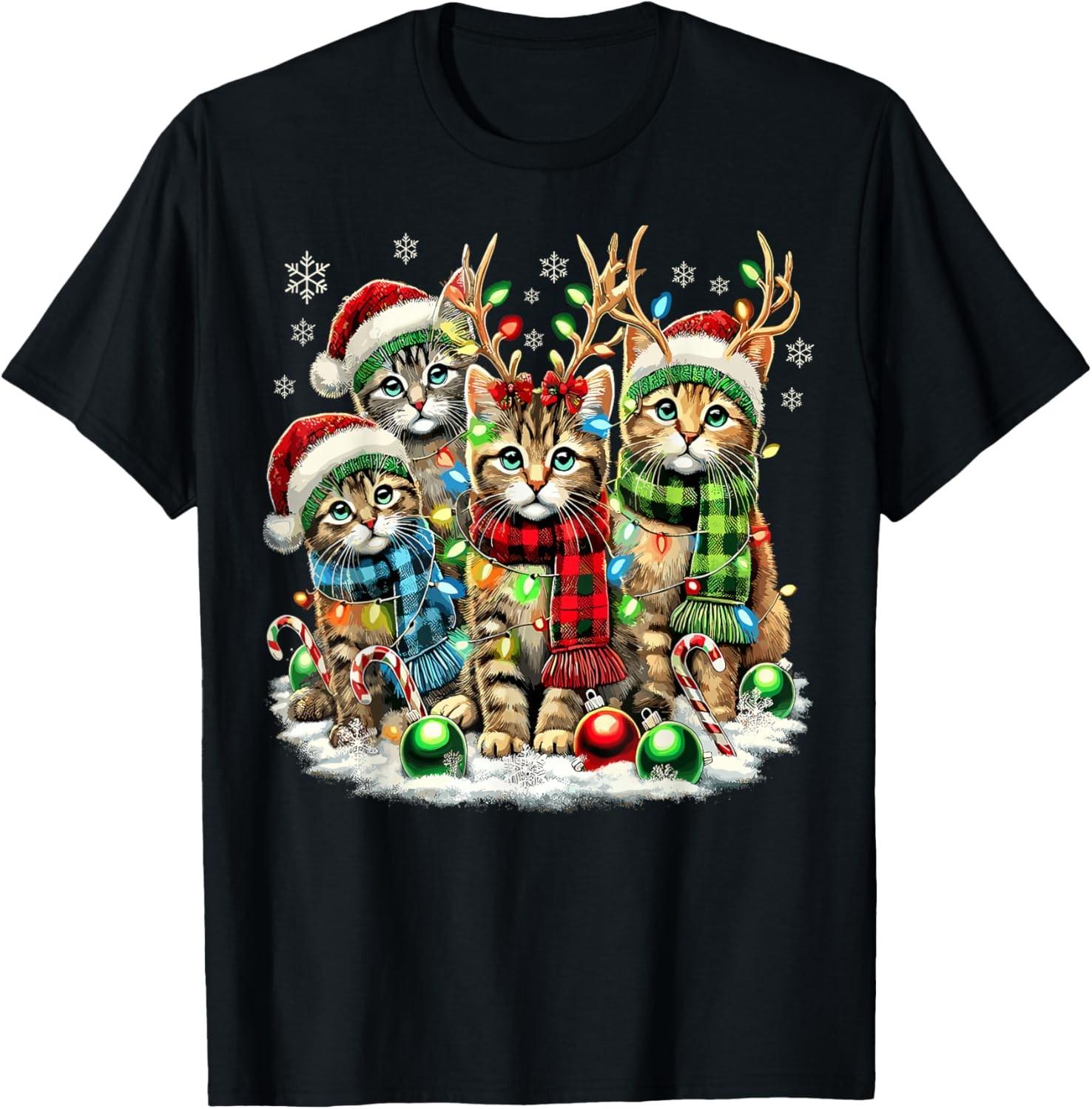 Cat Christmas Light Reindeer Santa Christmas Cats T-Shirt S