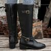 Woman Thick Heeled Long Boots Autumn Winter Pu Leather Mid Calf Boots Woman 2025 Buckle Strap Side Zipper Motorcycle Boots