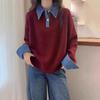 Women's Loose Polo Collar Denim Patchwork Two-Piece Sweater - Autumn Winter 2026 Knitwear Fashion Top