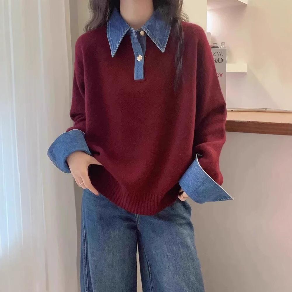 Women's Loose Polo Collar Denim Patchwork Two-Piece Sweater - Autumn Winter 2026 Knitwear Fashion Top
