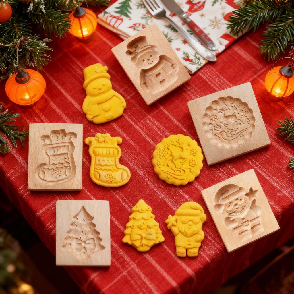 Wooden Cookie Molds For Christmas DIY 3D Engraved Embossed Biscuits Cutter Moulds Xmas Tree Snowman Santa Claus Gingerbread