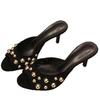 Rivet decoration 2025 shallow mouth new outer wear thin heel spring and summer half slippers temperament black high heel sandals women's versatile