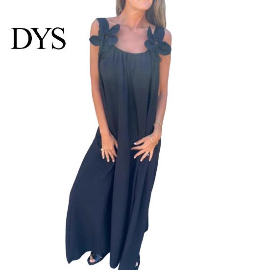 Three-dimensional Flower Design Dress Women 3D Rose Decor Shoulder Strap Sleeveless Pleated Slip Summer Long Loose Solid Color Backless Maxi for Beach