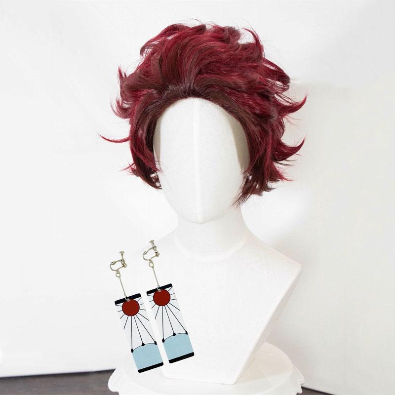 Anime Tanjiro Kamado Cosplay Perücke Kurz Kastanienbraun Hitzebeständig Synthetisch Anime Perücken + Perückenkappe