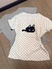 Korean Retro Polka Dot Kitten T-Shirt - White, Short Sleeve, Slim Fit, Cute College Style