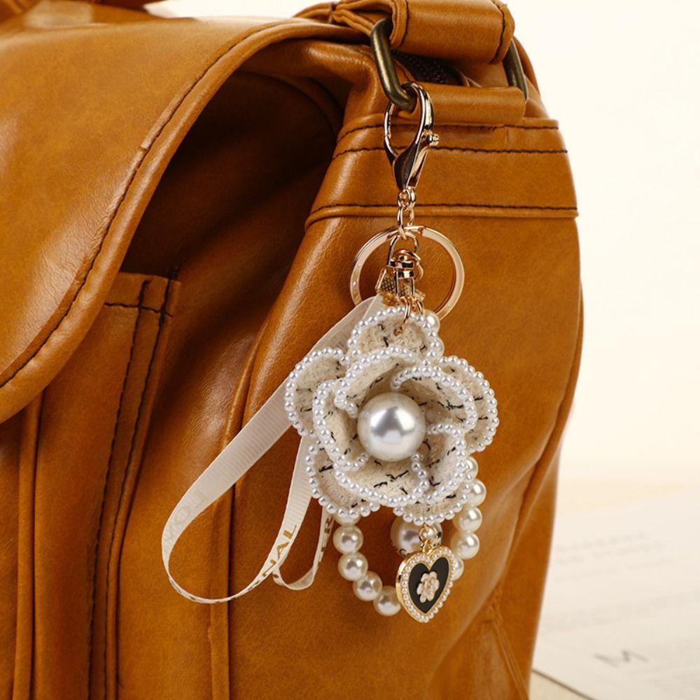 Key Decor Camellia Flower Keychain Letter Bag Hanging Pendant Pearl Flower Keyring  Birthday Gift
