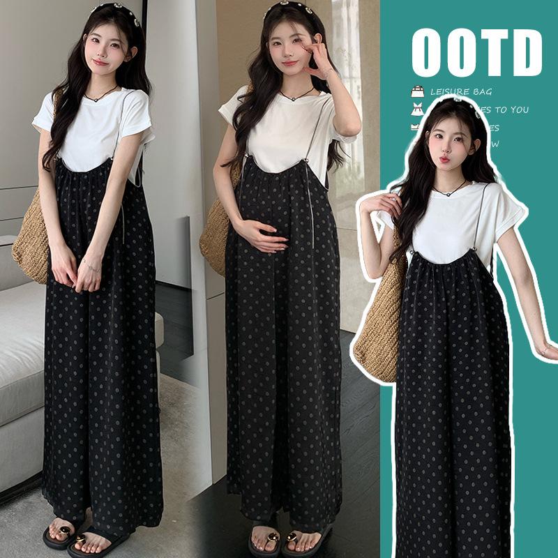 2026 Summer Cotton T-shirt & Polka Dot Overalls Maternity Set Large
