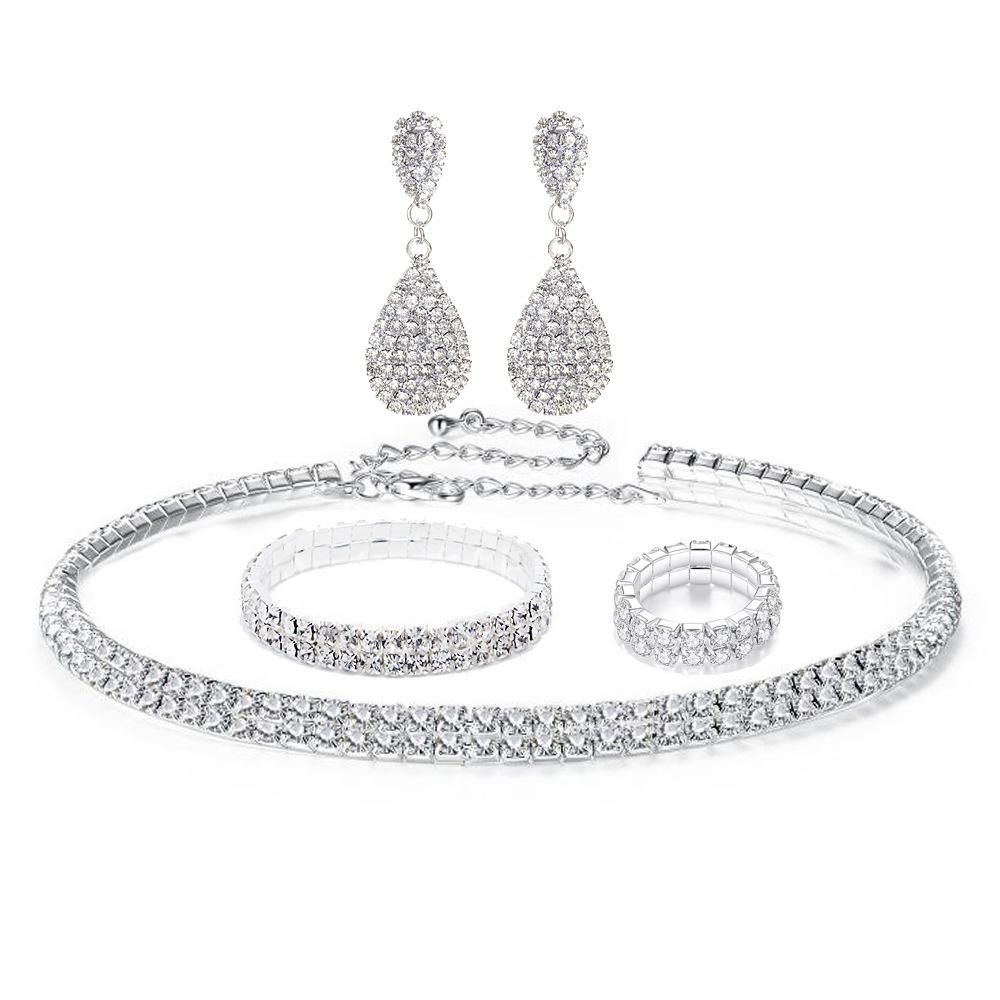 Bride's wedding dress - silver four-row necklace, earrings, elastic wristbands, elastic rings - a set of 4 items