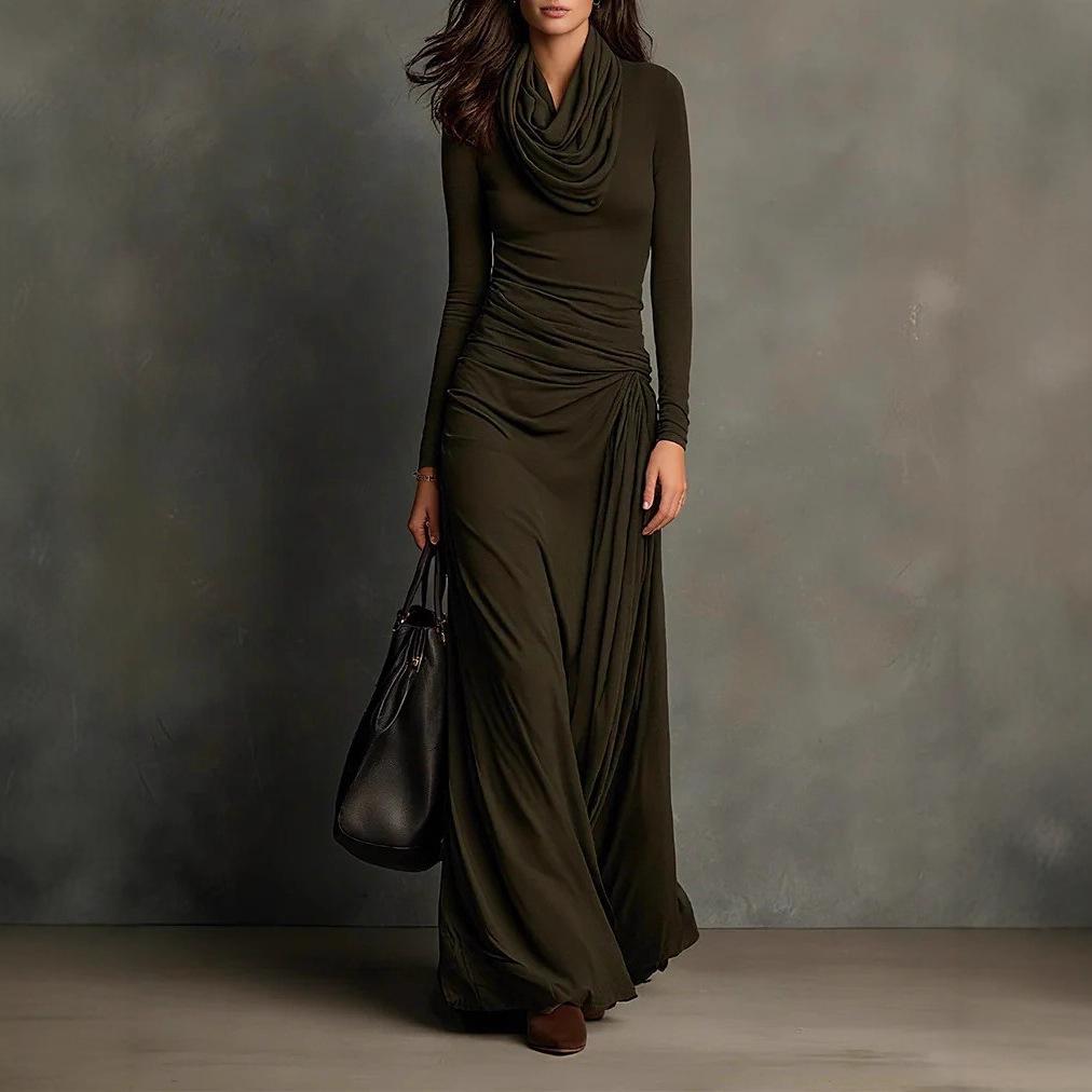 2026 autumn and winter European and American independent station temperament elegant stacked collar pleated slim dress