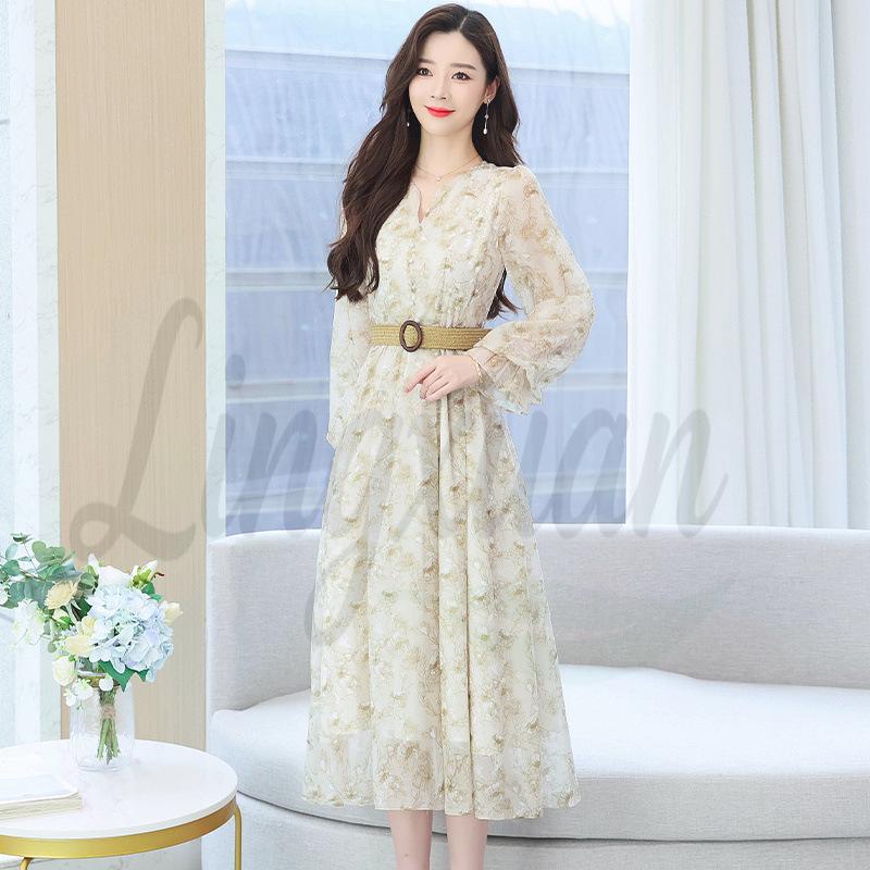 Autumn High-End Floral Print Chiffon Dress: Elegant Waist-Cinching Long French Style for Women S