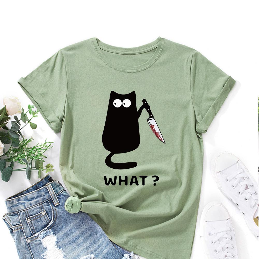 

Beauty Costume Parody Cat Print Loose Round Neck Short Sleeved T-shirt for Women Shirt S