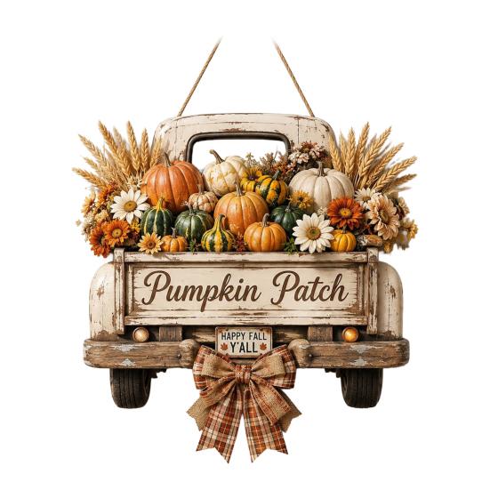 Rustic Pumpkin Truck Door Ornament Harvest Hanging Sign for Front Door, Wooden Fall with Distressed Wood Hemp Rope, Farmhouse Welcome Sign,