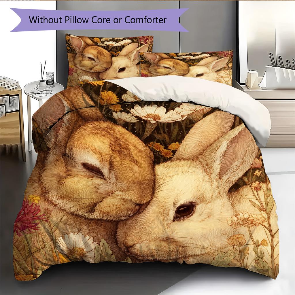 Rabbit in Flower Bush Pattern Bedding Quilt Set Home Decoration Gift (1 * duvet cover + 2 * pillowcase, without core)