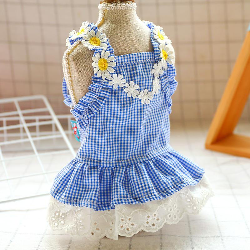 Pet Dog Cat Summer Mini Blue Plaid Sun Lace Dress Pet Clothing
