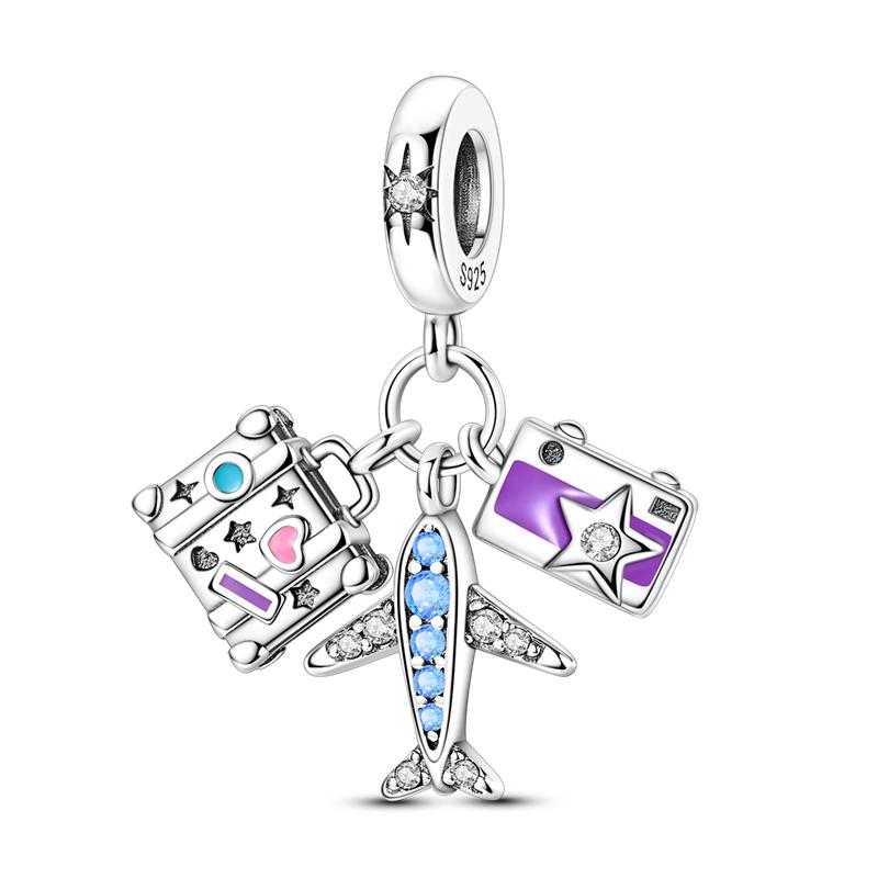 925 Sterling Copper Aircraft Travel Charms Bead Inlaid Pink Zirconium Love Heart Pendants Fit Original Bracelet Zircon Gift