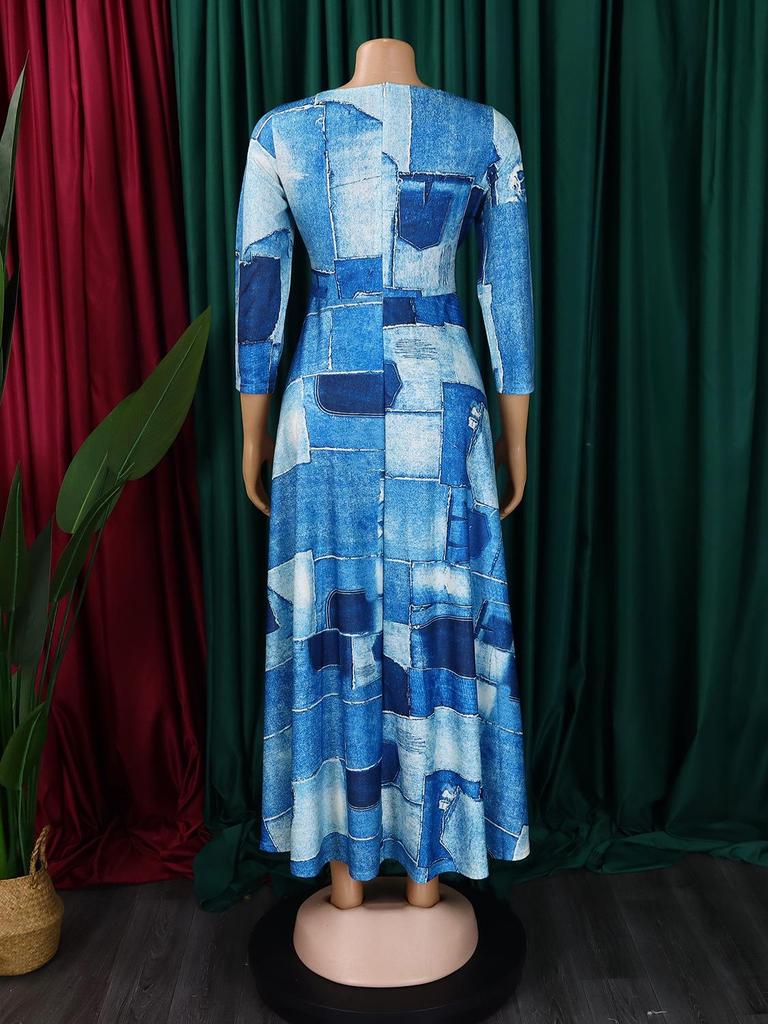 Women's 2024 Spring Lace-up Print African Plus Size Midi Dress