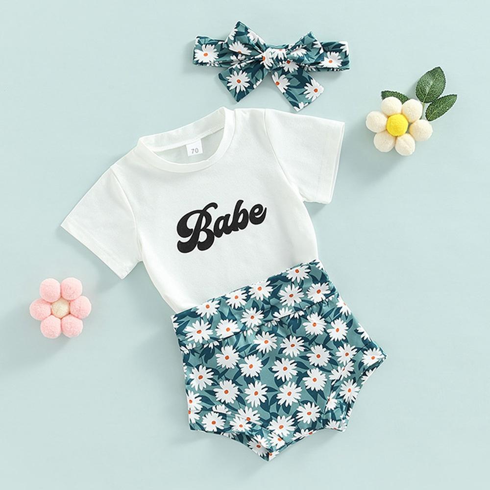 Summer Babe T-Shirt mit Buchstaben-Aufdruck + Shorts mit Gänseblümchen-Blumen-Aufdruck + Stirnband, 3-teiliges Outfit, Kleidung für 0–3 Jahre