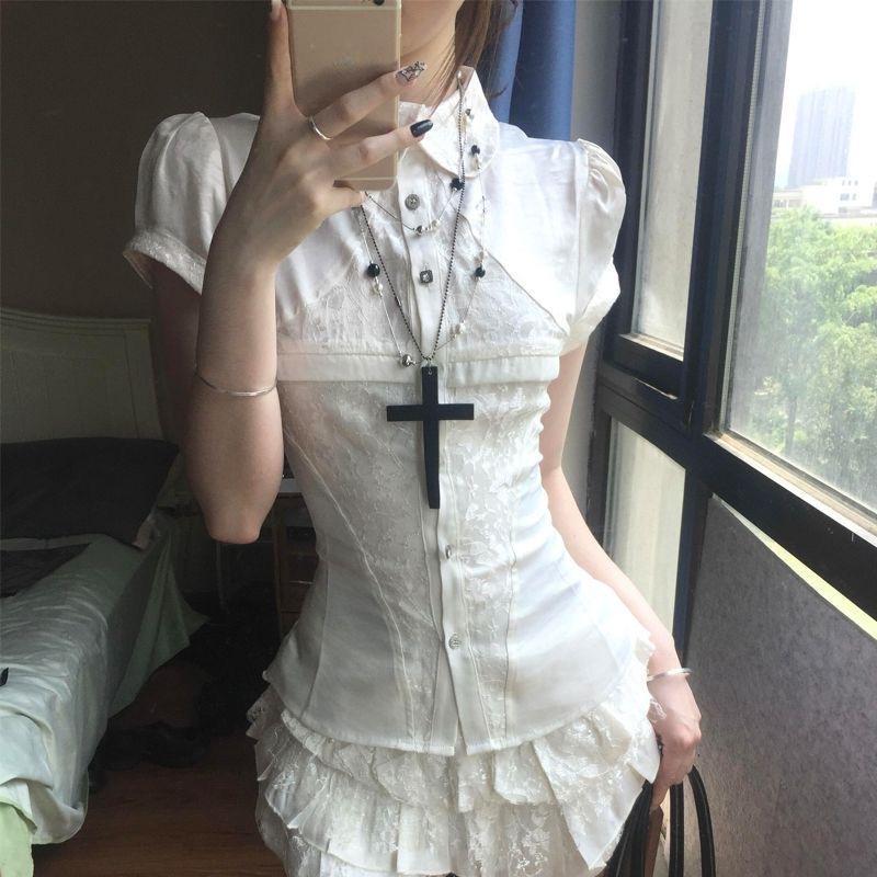 VAYLA Y2k Vintage Satin Lace Slim 2 Piece Set Women Chic Short Sleeve Shirt + Puffy Low Rise Bud Culottes Aesthetic Grunge Sexy Outfit