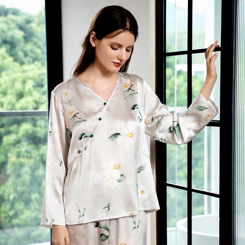 American Standard 19mm Silk 6A Grade Autumn Long Sleeve Women's Pajamas Mulberry Silk New Chinese Style Homewear White XL