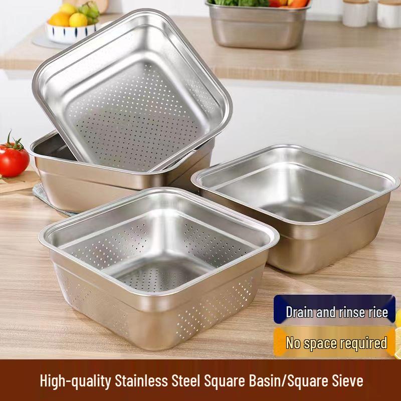 Square Stainless Steel Vegetable & Rice Washing Basin with Sieve