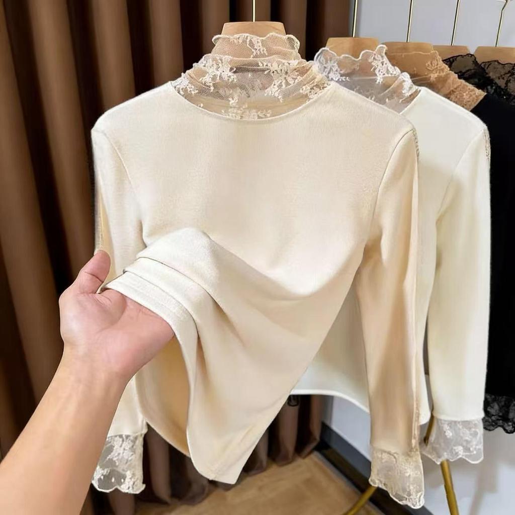 Women's Slim-Fit Brushed Lace Turtleneck Base Layer - Warm Autumn/Winter Inner Shirt
