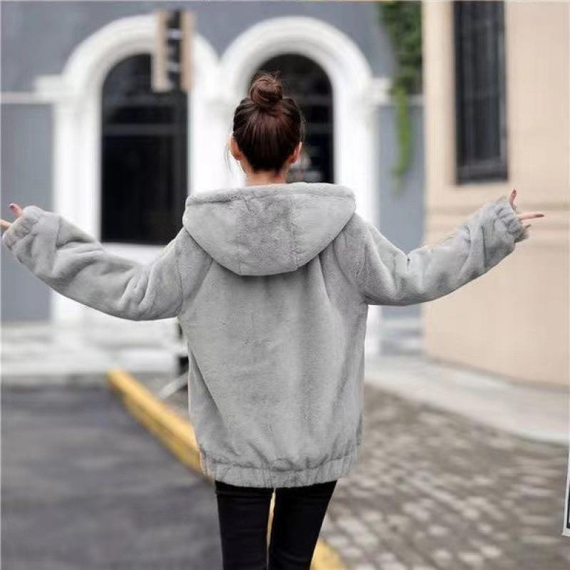 

Imitation gold mink jacket women s short hooded plush imitation leather winter new thickened loose coat women 3XL