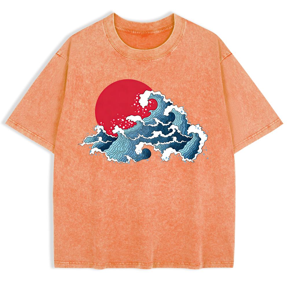 Japanska Harajuku Vågmönster Tvättade T-shirts Herr Bomull Överdimensionerad T-shirt Sommar Rund Hals Kortärmade Toppar Mjuka Kläder