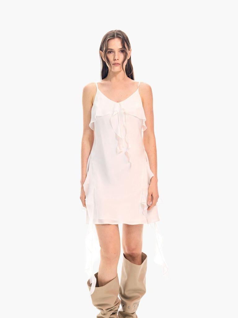 Korean Style Irregular Ribbon Layered V-Neck White Camisole Dress