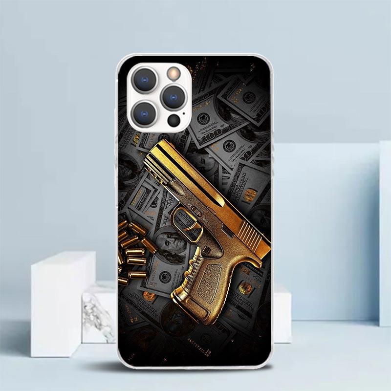 Gun Bullets AK47 Handgun Soft Cover for iPhone 16 17 Air 15 14 Pro Max 16E Phone Case 13 Mini 12 11 7 SE 8 Print Pattern Fit Cas