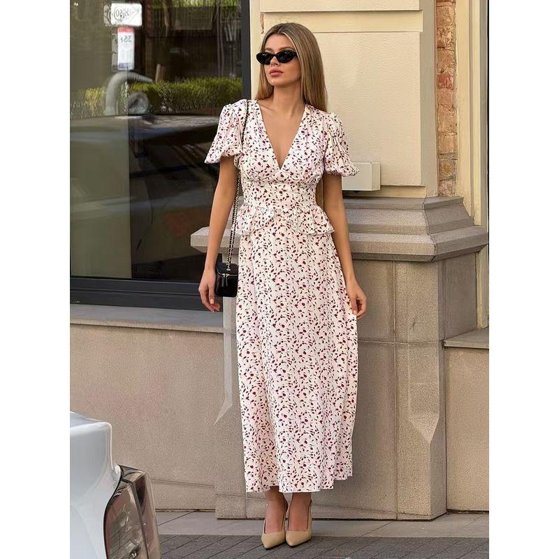 

Western Style New Fashion Sexy V-neck Print Short sleeve Dress Sexy V-neck Printed Dress Pink L