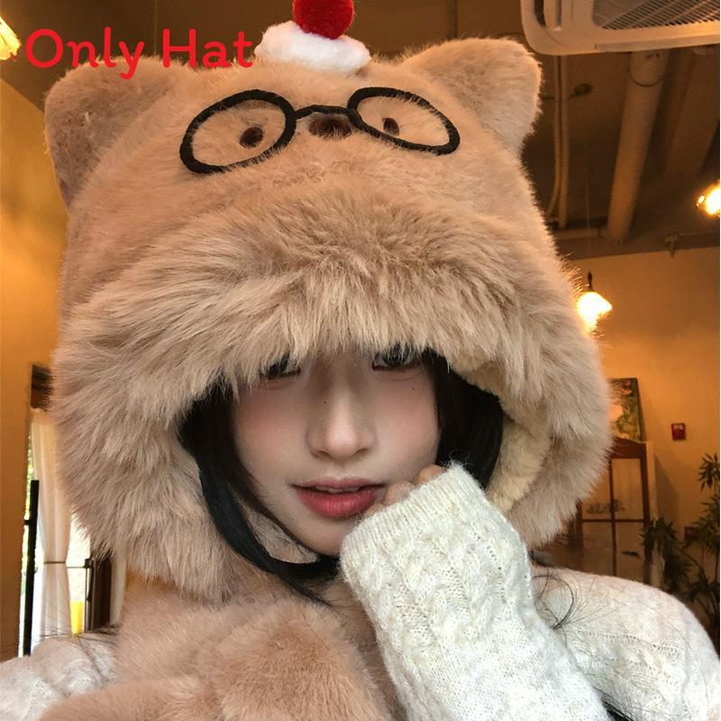 

Cute Cherry Bear Ears Plush Hat Scarf Set For Women Winter Warmth With Fleece Lining For Cold Seasons кофейный