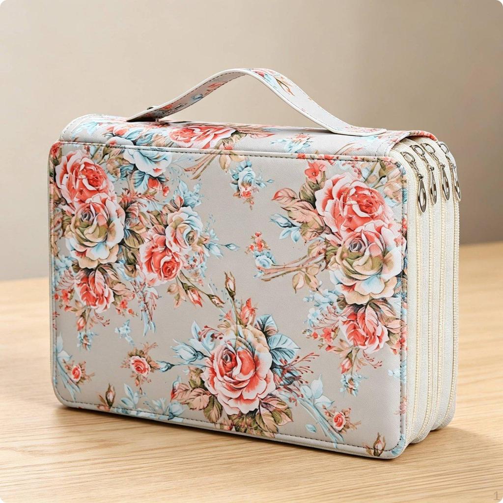 200 Slot Pencil Case Floral Print Multi Layer Zipper Bag Individual Elastic Slots Large
