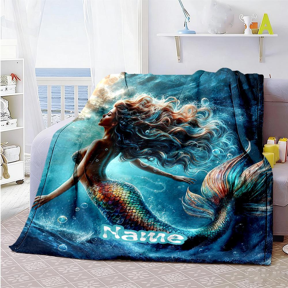 Mermaid Deep Sea Customize Your Name Blanket Throw Personalized Blanket Soft & Cozy Perfect for Living Room Couch Bedding Nap Four Seasons Universal