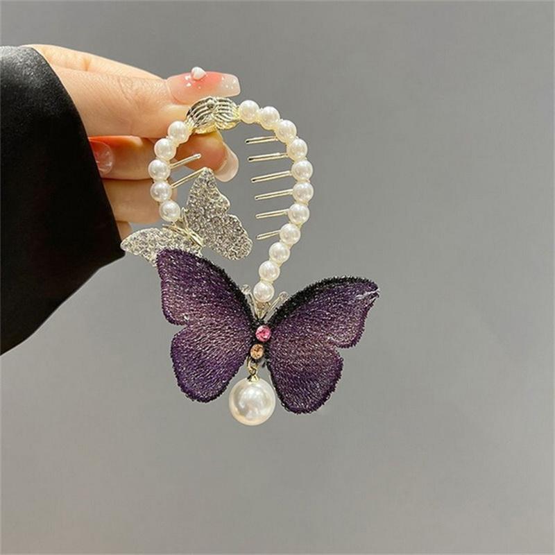 Butterfly Pearl Ponytail Clip Elegant Hair Accessories for Women Temperament Ball Hair Clip Metal Barrettes Headdress Head Buckle