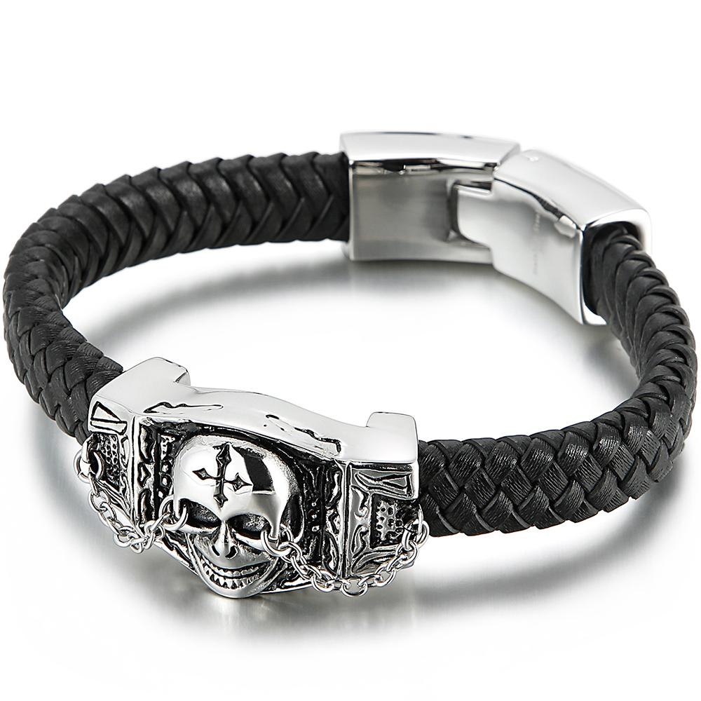 

Панк Мужской Браслет с Головой Черепа для Мужчин Крутой Литой из Нержавеющей Стали и Кожи На Руку Обертывающие Браслеты Мужской Браслет Ювелирные Изделия 22CM чёрный