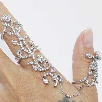 Glänzende dekorative Doppelfingerringe voller Strass Rose Blume Kettengliederringe Schmuck Geschenk
