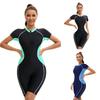 Women's Color-Block One-Piece Swim Dress with Front Zipper – Short Sleeve Full-Length Bodysuit In Nylon