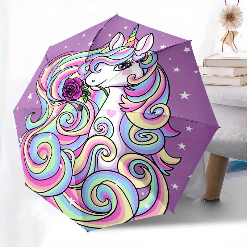 Unicorn, Magic Automatic Folding Umbrella 8 Ribs, Durable Iron Frame, Bright Color Pattern Compact Travel Umbrella, Suitable for Outdoor, B