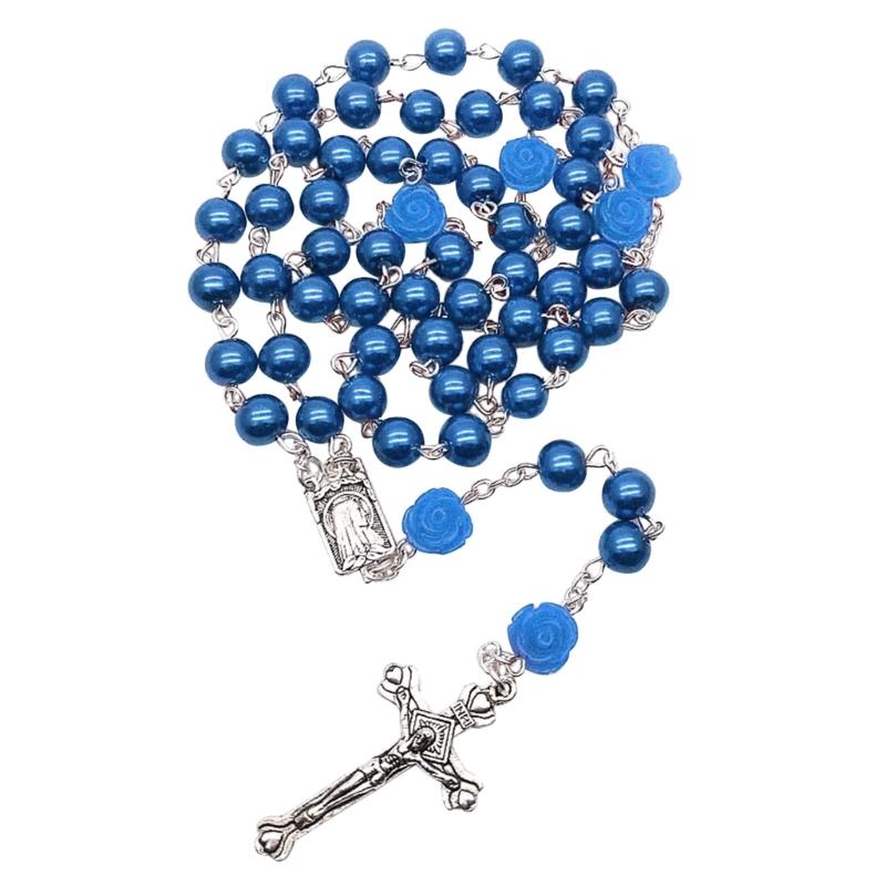 Elegant Cross Bead Necklace Rose Flower Glass Rosary Necklace Religious Jewelry Christian Prayer Beads Clavicle Chain
