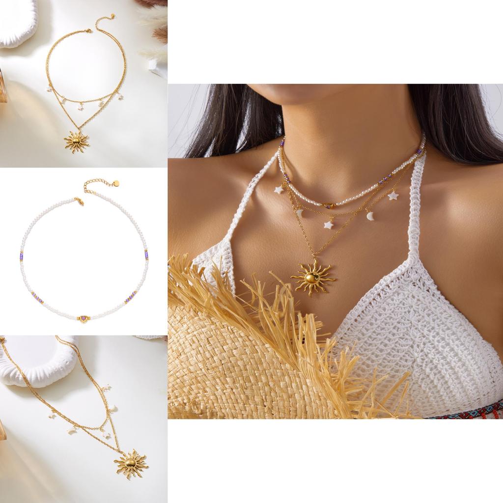 Ensemble de colliers géométriques en acier inoxydable avec cœur en perle et soleil creux pour un style vacances d'été