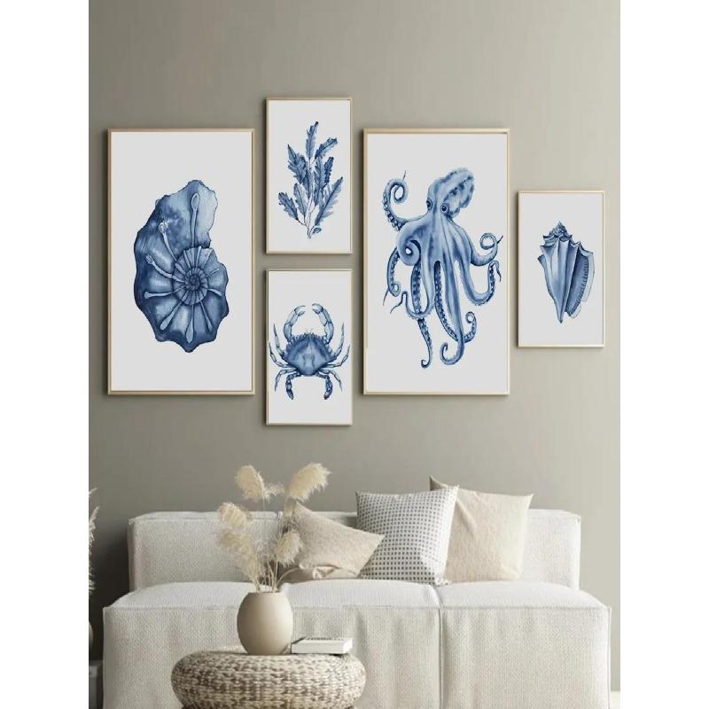 Modern Blue Coastal Sea Life Watercolour Wall Art  HD Canvas Print Poster for Living Room  Bedroom Decor