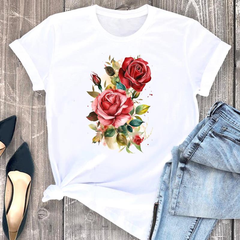 European size Tee Top Women T Shirt Woman Female Flower Trend 90s Lovely Cute Short Sleeve Clothing Print Fashion Graphic T-shirts