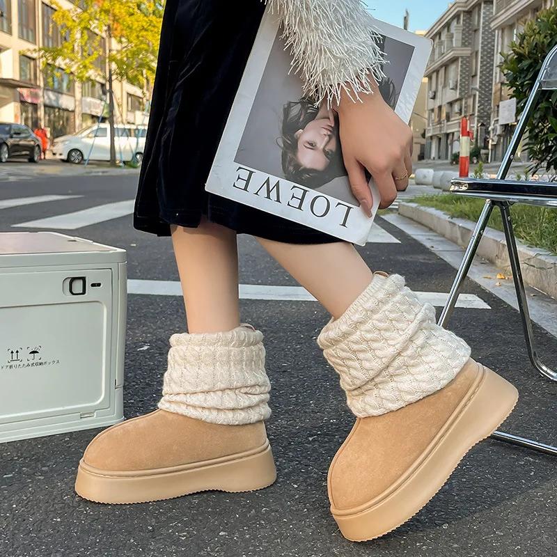 

Зима 2024 Новые Вязаные Носки Снежные Сапоги Мода Толстая Подошва Теплые и Бархатные Нескользящие Носки Хлопковая Обувь Женская 36-37 хаки