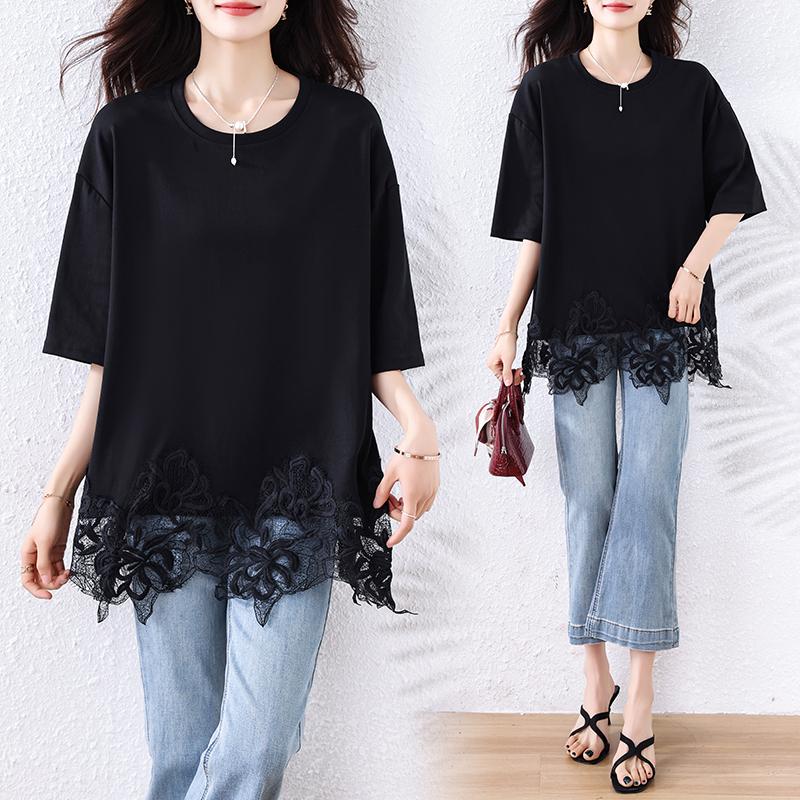 DIMANAF 2025 Summer Women Plus Size Basic T-Shirt Vintage Oversized Fashion Lace Casual Loose Black Tops Tees