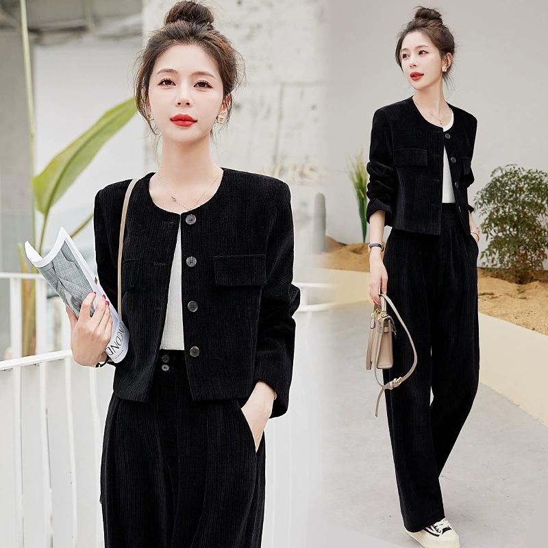 Professional Suit Women's Autumn High-end Fashion Corduroy Two-piece Wide-leg Pants Western Style
