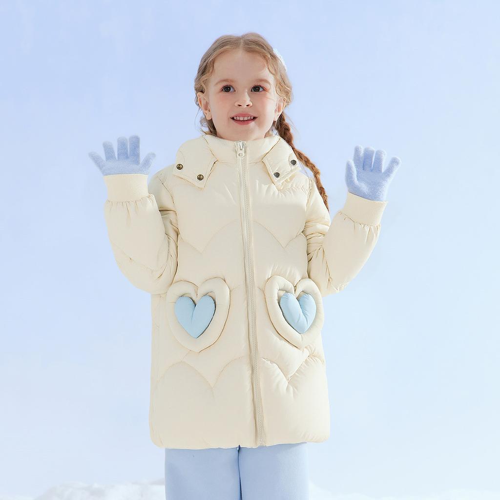 [Hooded Windproof Love Decoration] Medium length Down Jacket for Infants and Girls, 25 Winter Children's Warm Coat